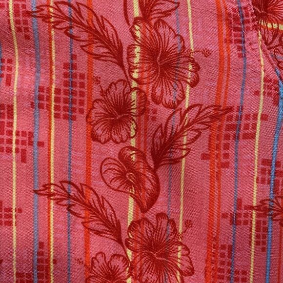 Vintage Rayon Shirt Red Floral Hawaiian Printed Vertical Striped Short Sleeve - Picture 7 of 9